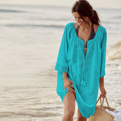 Cotton Lace Loose Beach Cover Ups Sunsuit Bikini Swimwear Cover-up Shirt Vacation Dress Half Sleeve Skirt