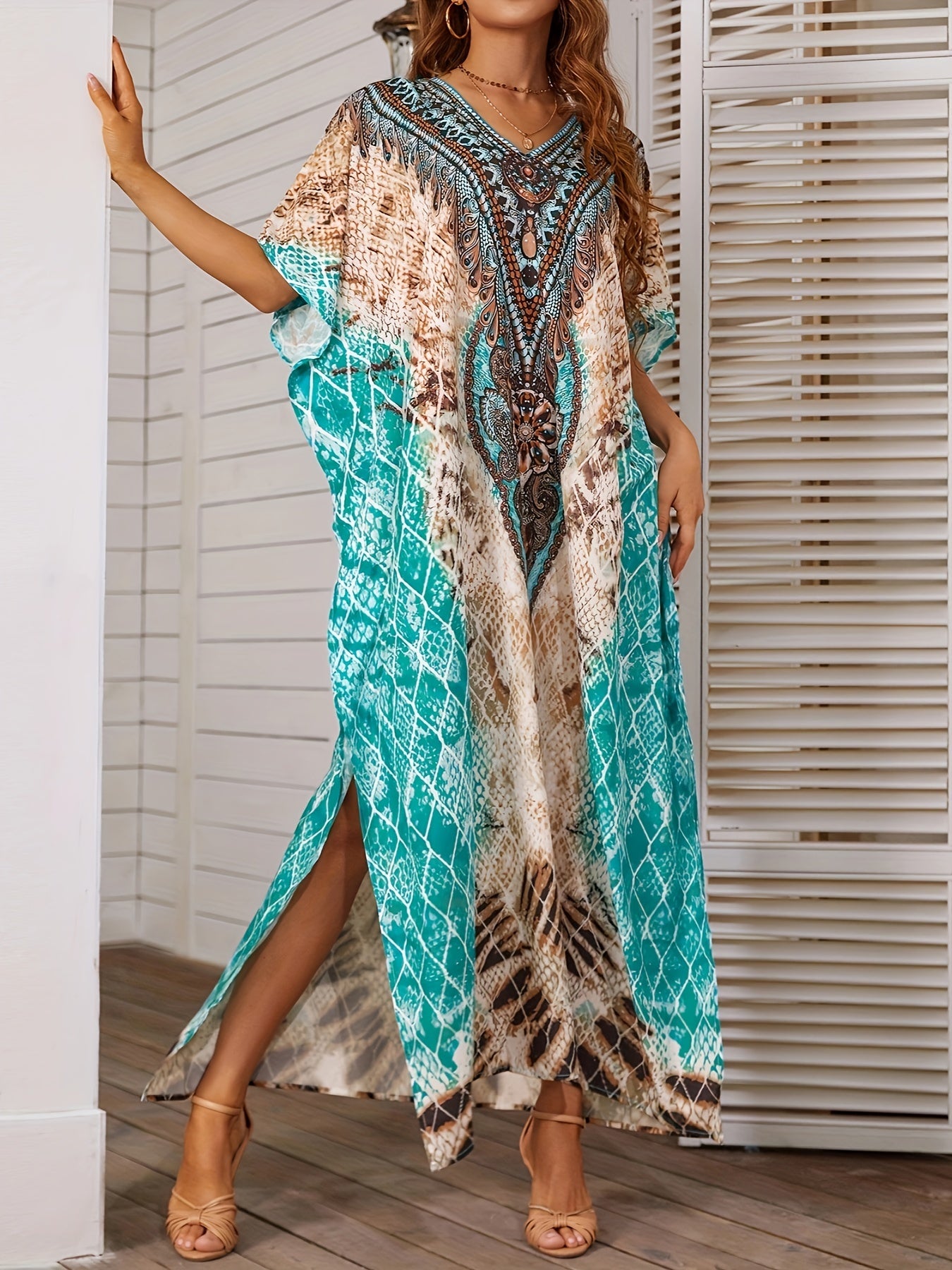 Women's Plus Size Tile Print Cover Up Dress with Bat Sleeves and V-Neck Beachwear