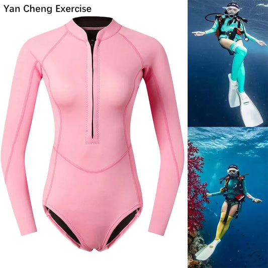 2mm Woman Diver Diving Suit Neoprene Diving Equipment Pink Long Sleeve Bikini Swimsuit Swimwear