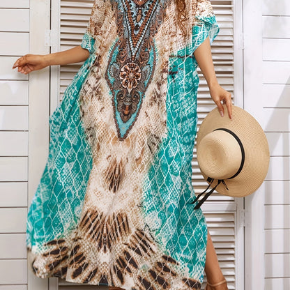 Women's Plus Size Tile Print Cover Up Dress with Bat Sleeves and V-Neck Beachwear